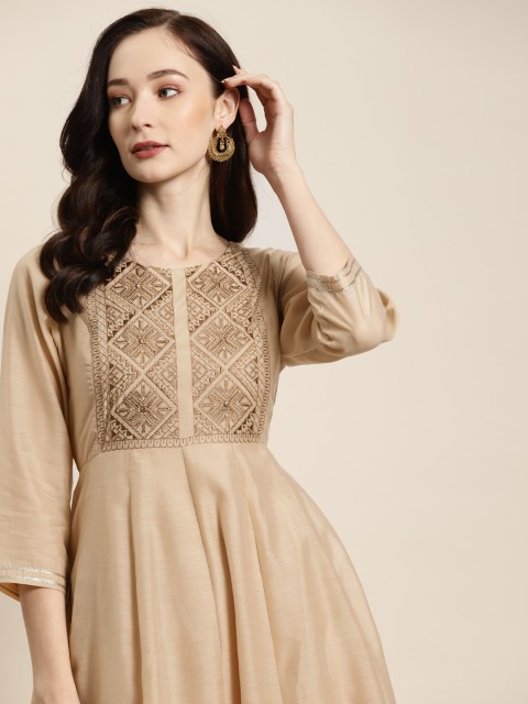 

Shae by SASSAFRAS Beige Chanderi Embroidered Anarkali Dress