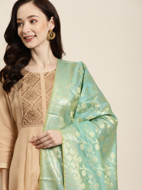 

Shae by SASSAFRAS Green & Gold-Coloured Ethnic Motifs Woven Design Banarasi Dupatta