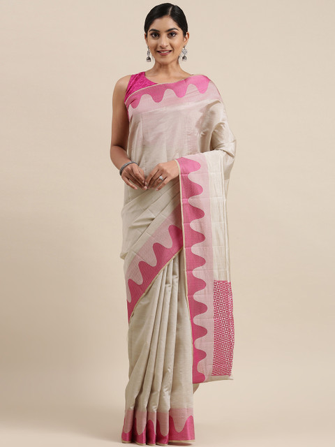 

Pothys White & Pink Jute Silk Saree