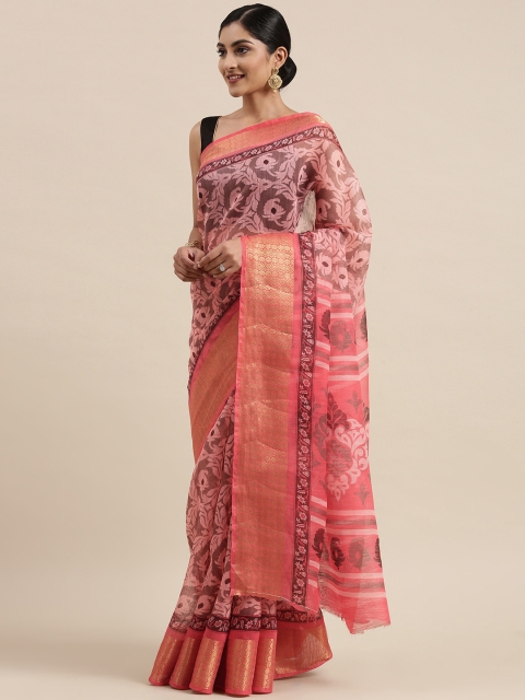 

Pothys Pink Floral Zari Jute Silk Saree