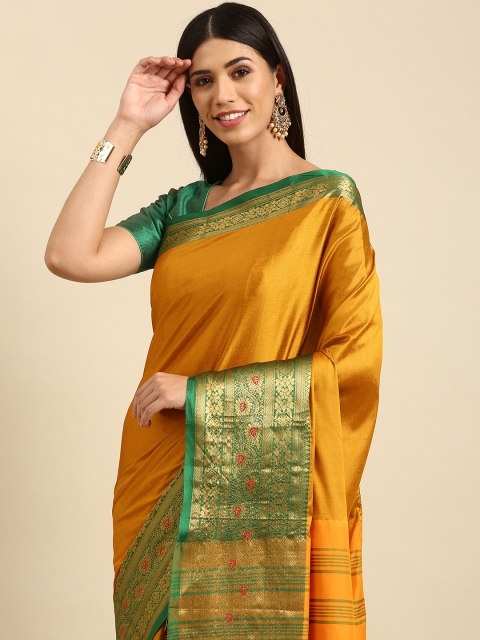 

Anouk Mustard & Green Woven Design Ethnic Motifs Silk Blend Banarasi Saree