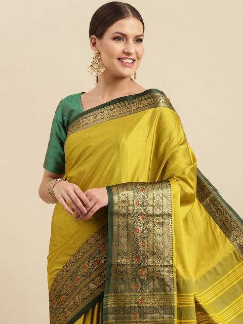 

Anouk Yellow & Green Woven Design Ethnic Motifs Silk Blend Banarasi Saree