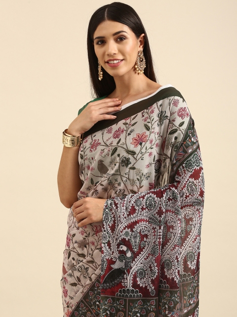 

Anouk Cream-Coloured & Red Floral Print Bhagalpuri Saree