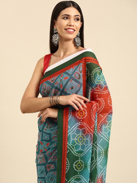 

Anouk Blue & Red Geometric Print Bhagalpuri Saree