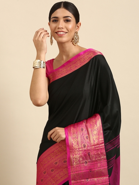 

Anouk Black & Pink Woven Design Ethnic Motifs Silk Blend Banarasi Saree