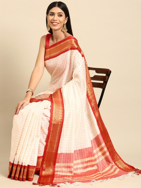

Anouk White & Red Checked Silk Blend Banarasi Saree