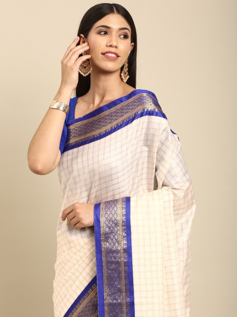 

Anouk White & Blue Checked Zari Silk Blend Banarasi Saree