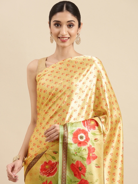 

Anouk Yellow & Pink Floral Print Satin Bhagalpuri Saree