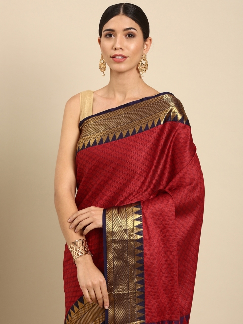 

Anouk Red & Navy Blue Geometric Woven Design Silk Blend Banarasi Saree