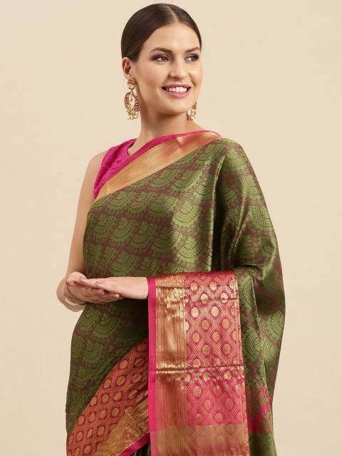

Anouk Green & Pink Ethnic Motifs Woven Design Silk Blend Banarasi Saree