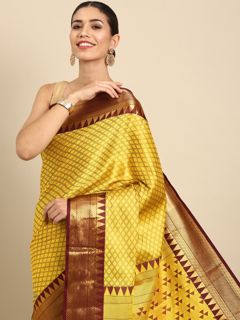 

Anouk Yellow & Brown Geometric Woven Design Silk Blend Banarasi Saree