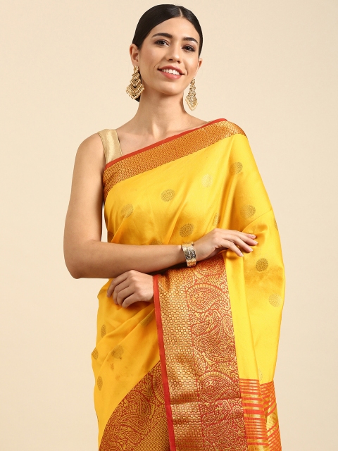 

Anouk Mustard & Red Ethnic Motifs Zari Silk Blend Banarasi Saree