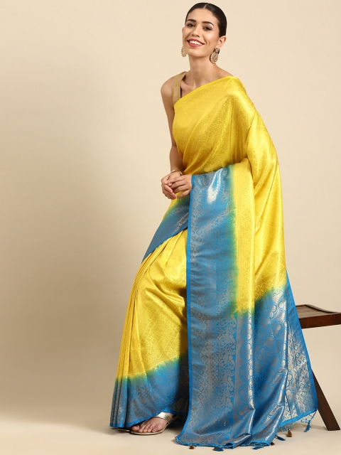 

Anouk Yellow & Blue Ethnic Motifs Woven Design Silk Blend Banarasi Saree