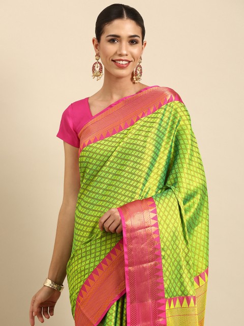 

Anouk Green & Pink Ethnic Motifs Woven Design Silk Blend Banarasi Saree