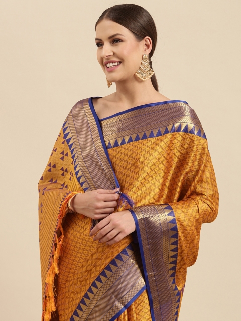 

Anouk Mustard & Blue Geometric Woven Design Silk Blend Banarasi Saree