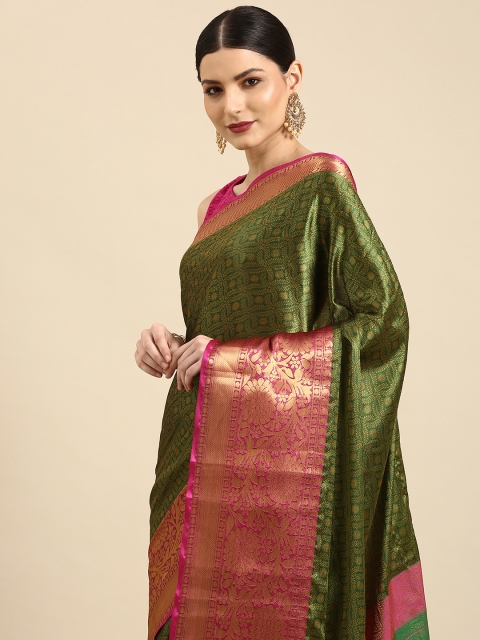 

Anouk Green & Pink Ethnic Motifs Woven Design Silk Blend Banarasi Saree