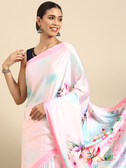 

Anouk White & Pink Floral Print Satin Bhagalpuri Saree