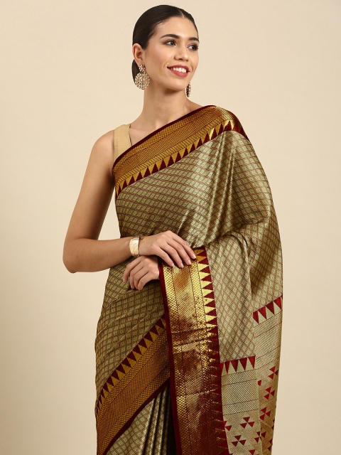 

Anouk Beige & Maroon Geometric Woven Design Silk Blend Banarasi Saree