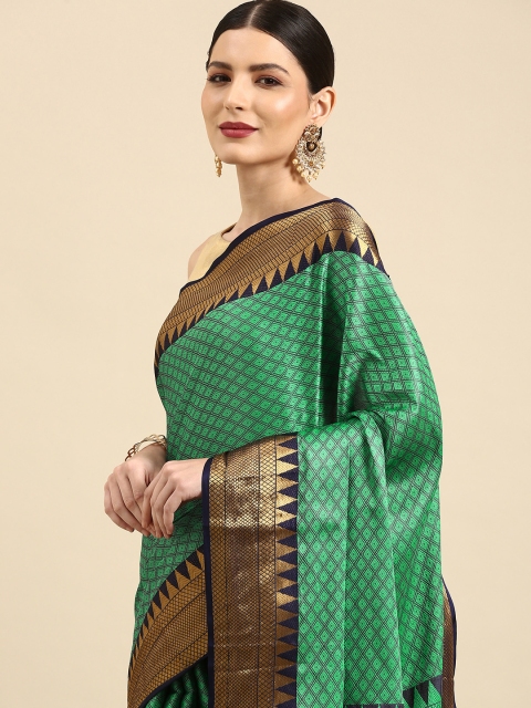 

Anouk Turquoise Blue & Gold-Toned Geometric Woven Design Silk Blend Banarasi Saree