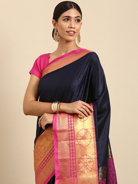 

Anouk Navy Blue & Pink Ethnic Motifs Woven Design Silk Blend Banarasi Saree