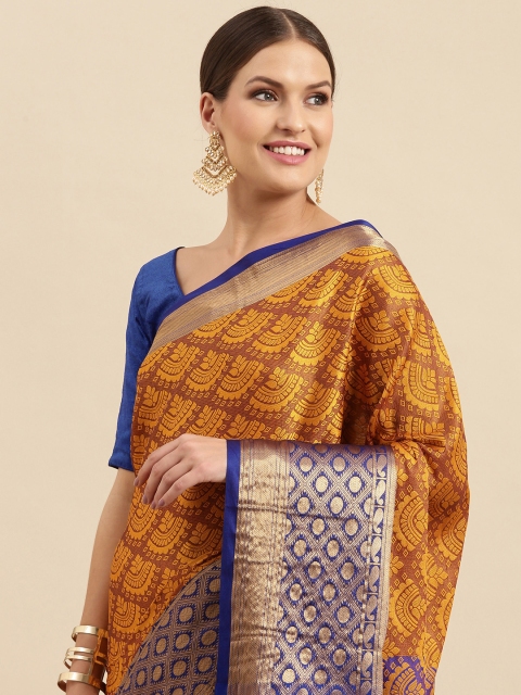 

Anouk Mustard & Blue Ethnic Motifs Woven Design Silk Blend Banarasi Saree