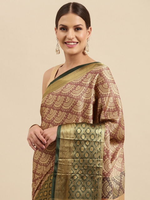 

Anouk Beige & Green Ethnic Motifs Woven Design Silk Blend Banarasi Saree