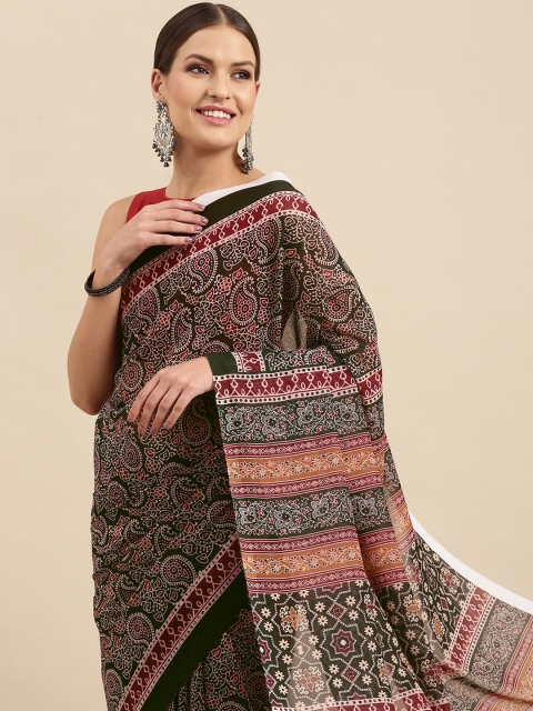 

Anouk Women Olive Green & Maroon Ethnic Motifs Printed Saree
