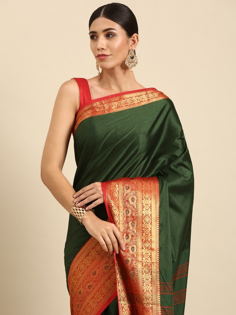 

Anouk Green & Orange Ethnic Motifs Woven Design Silk Blend Banarasi Saree