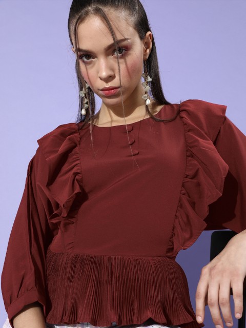 

ZOLA Women Charming Maroon Solid Peplum Top