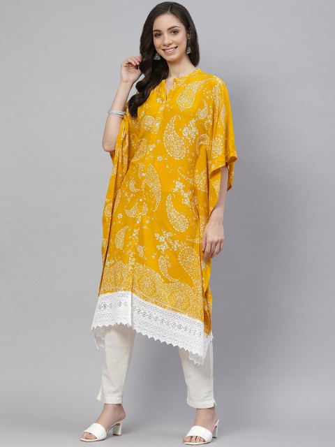 

mokshi Women Mustard Yellow & White Paisley Print Kimono Sleeves Rayon Kaftan Kurta