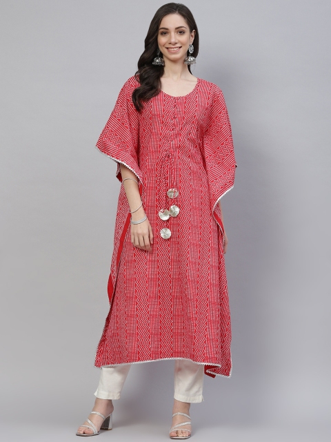 

mokshi Women Red Bandhani Print Tie-Up Neck Kimono Sleeves Pure Cotton Kaftan Kurta