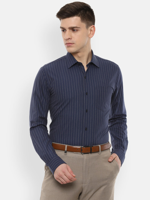 

Van Heusen Men Navy Blue & White Slim Fit Striped Pure Cotton Formal Shirt