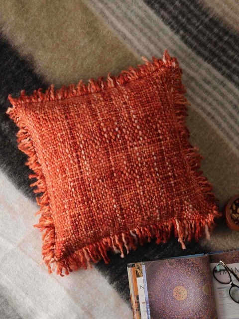 

Amoliconcepts Rust Wool Self Design with Fringes Square Cushion Covers