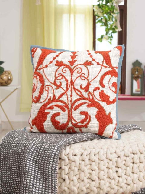 

Amoliconcepts Orange & Off White Embroidered Cotton Square Cushion Covers