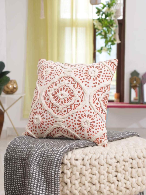 Amoliconcepts Orange & Cream-Coloured Embroidered Square Cushion Covers