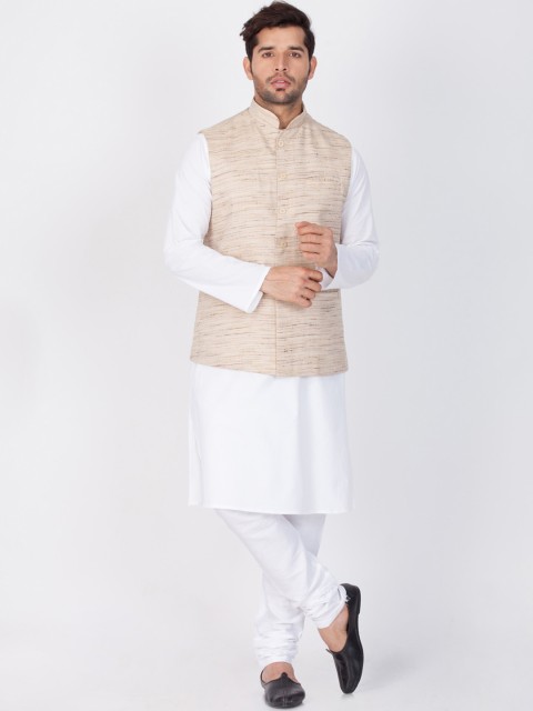 

VASTRAMAY Men White Pure Cotton Kurta with Churidar & Nehru Jacket