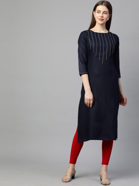 

KALINI Women Navy Blue Yoke Design Cotton Kurta