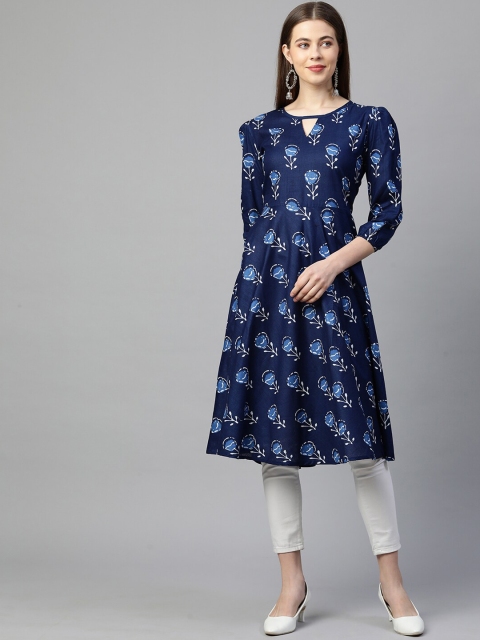 

KALINI Women Blue Floral Printed Keyhole Neck Cotton A-Line Kurta