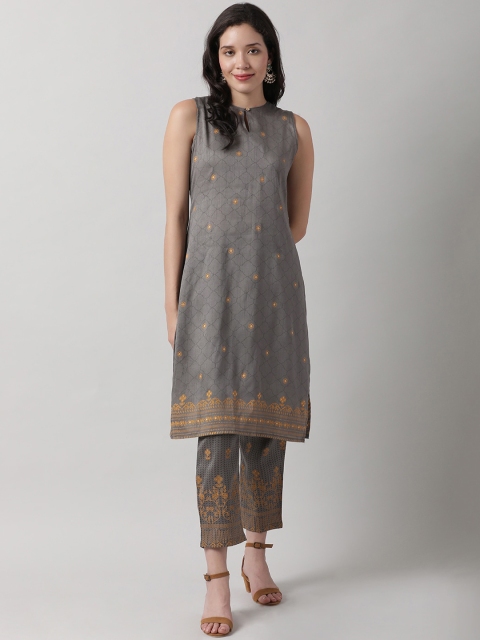 

Saaki Women Grey Ethnic Motifs Printed Silk Crepe Kurta with Trousers