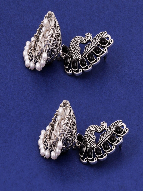 

Jewelz Silver-Toned Black Stone Studded Oxidised Peacock Jhumkha Earrings