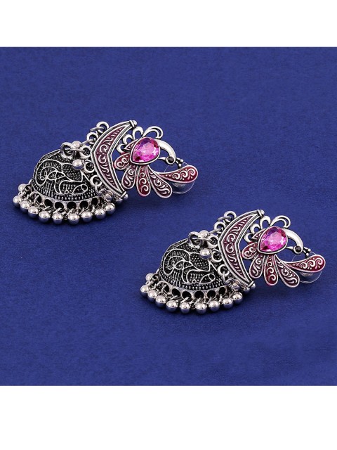 

Jewelz Silver-Toned Pink Stone Studded Oxidised Peacock Jhumkha Earrings