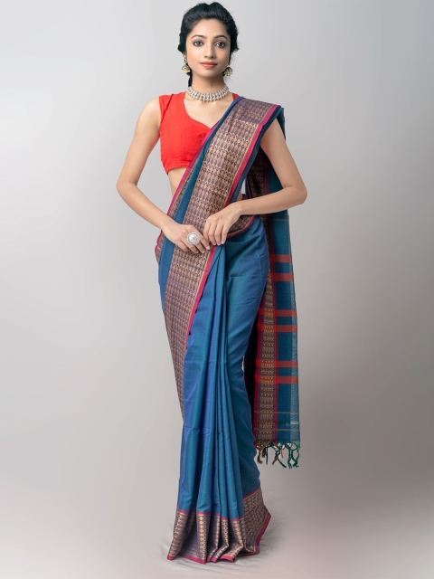 

Unnati Silks Blue & Red Ethnic Motifs Pure Cotton Handloom Kanjeevaram Saree