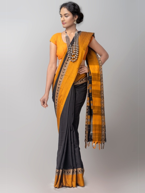 

Unnati Silks Black & Yellow Pure Cotton Kanjeevaram Saree