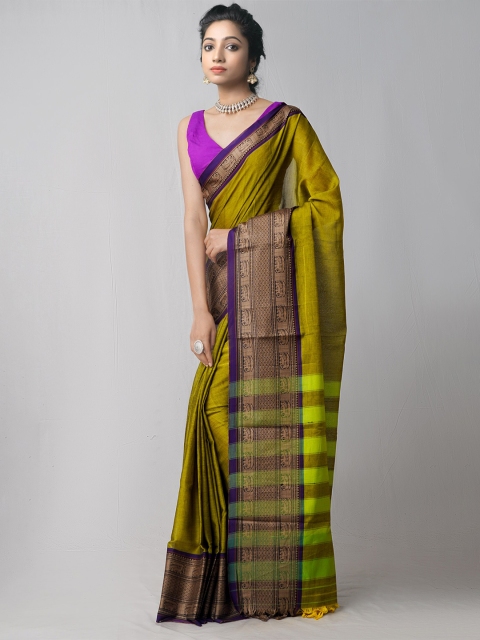 

Unnati Silks Green & Blue Striped Pure Cotton Handloom Narayan Peth Saree