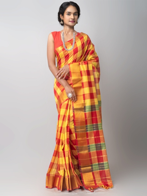

Unnati Silks Multicoloured Checked Zari Pure Cotton Chettinad Saree, Multi