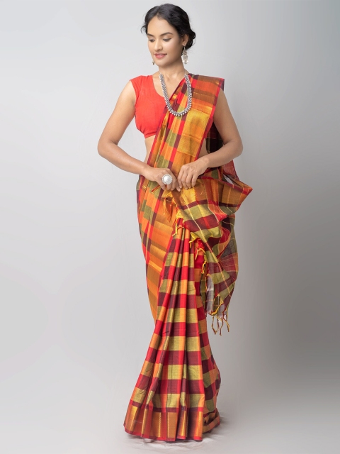 

Unnati Silks Orange & Green Checked Zari Pure Cotton Chettinad Saree