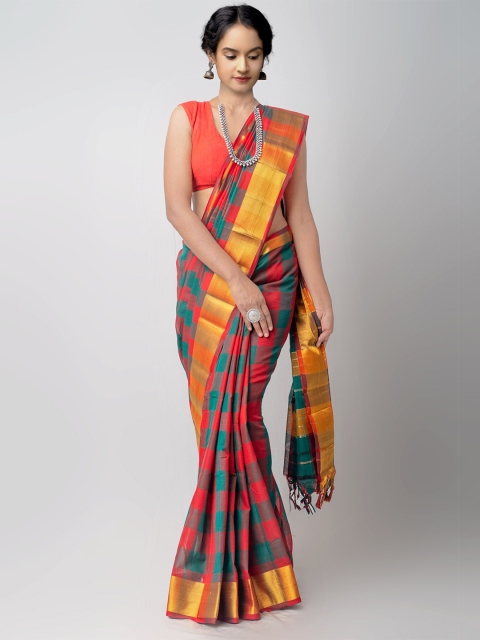 

Unnati Silks Green & Red Checked Pure Cotton Chettinad Handloom Saree