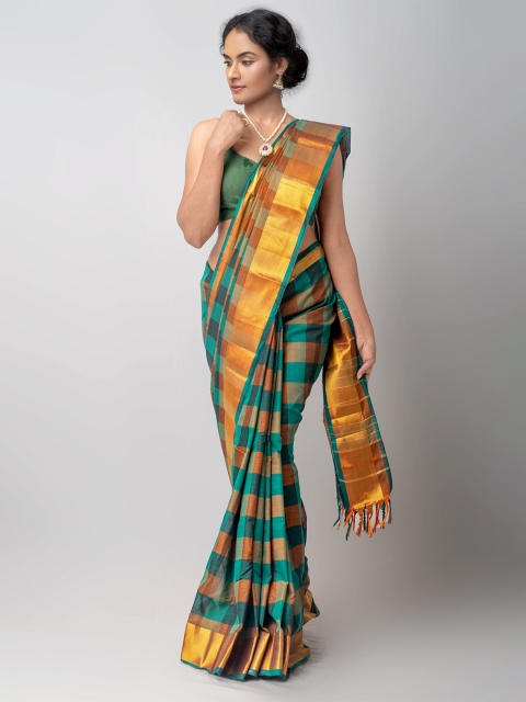 

Unnati Silks Green & Brown Checked Zari Pure Handloom Pavani Cotton Chettinad Saree