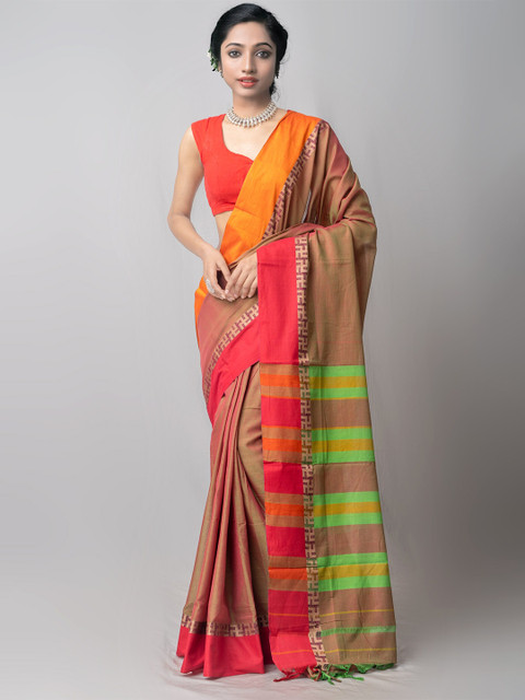 

Unnati Silks Green & Red Striped Pure Cotton Handloom Kanjeevaram Saree
