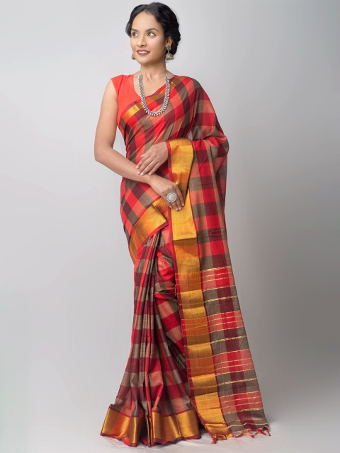

Unnati Silks Red Checked Zari Pure Cotton Chettinad Saree